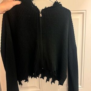 Wild Honey Black Distressed Cardigan Zip Up with Hood Size L
